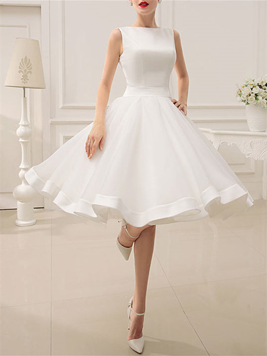 Sleeveless Graduation White Dresses with Bowknot A-Line/Princess Scoop Knee-Length Short Wedding Dress, Ivory Sleeveless Graduation White Dresses with Bowknot A-Line/Princess Scoop Knee-Length Short Wedding Dress, Ivory