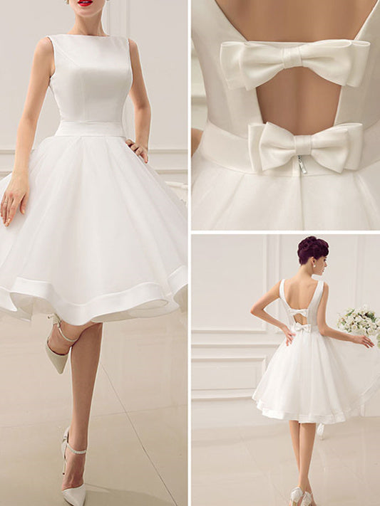 Sleeveless Graduation White Dresses with Bowknot A-Line/Princess Scoop Knee-Length Short Wedding Dress, Ivory