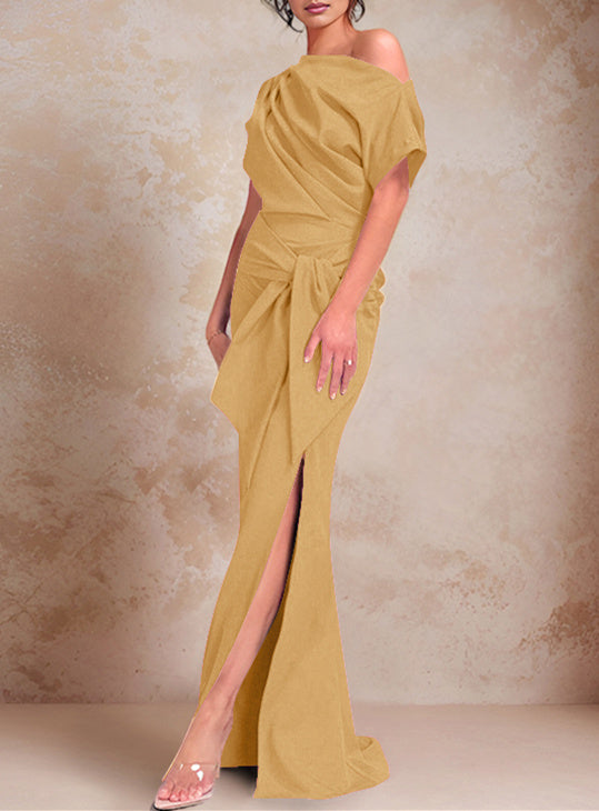 Trumpet/Mermaid One-Shoulder Short Sleeves Floor-Length Mother of the Bride Dresses with Ruffles & Split Side