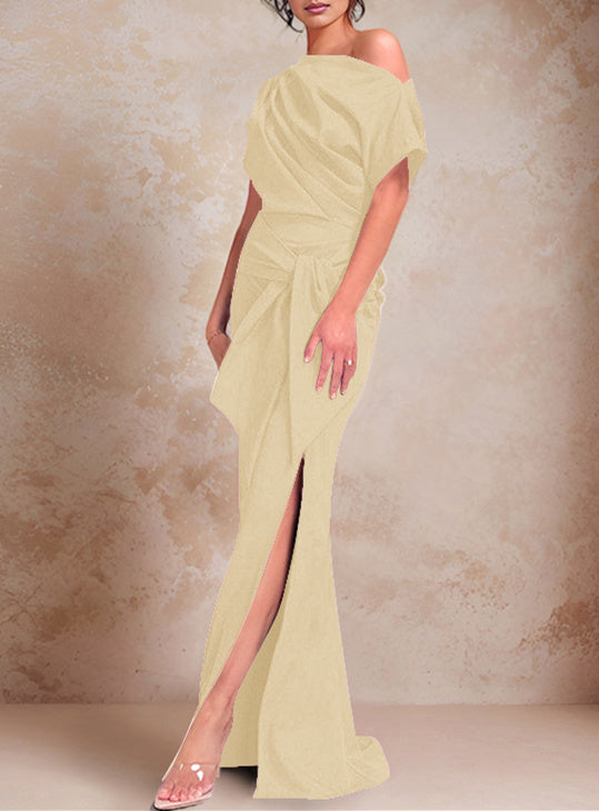 Trumpet/Mermaid One-Shoulder Short Sleeves Floor-Length Mother of the Bride Dresses with Ruffles & Split Side