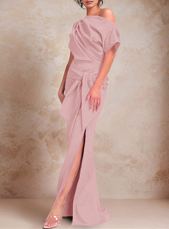 Trumpet/Mermaid One-Shoulder Short Sleeves Floor-Length Mother of the Bride Dresses with Ruffles & Split Side