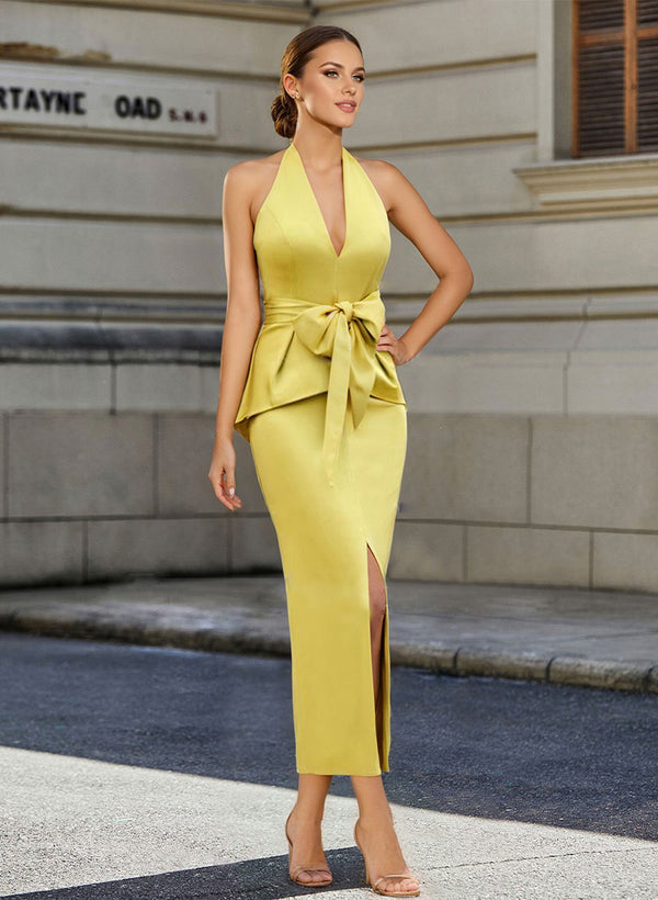 Sheath/Column Halter Sleeveless Tea-Length Cocktail Dresses with Bowknot