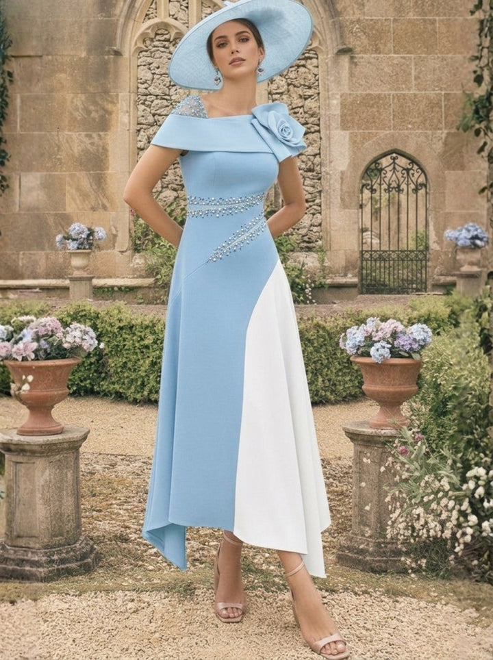 A-Line/Princess One-Shoulder Stretch Satin Mother of the Bride Dresses With 3D Flower Asymmetrical Ankle-Length
