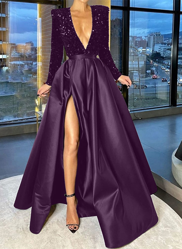 A-Line/Princess V-Neck Evening Dresses With Split Side & Sequins - Mondressy A-Line/Princess V-Neck Evening Dresses With Split Side & Sequins - Mondressy