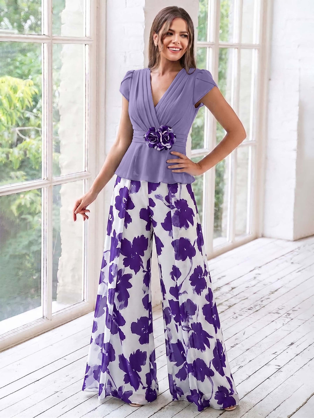 A-Line/Princess V-Neck Short Sleeves Floor-Length Mother of the Bride Floral Pants Suit