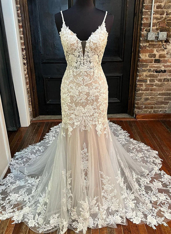 Trumpet/Mermaid V-Neck Floor-length Lace Wedding Dress