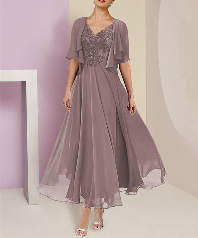 A-Line/Princess Chiffon V Neck Short Sleeves  Mother of the Bride Dresses with Lace Jacket Pleats Appliques