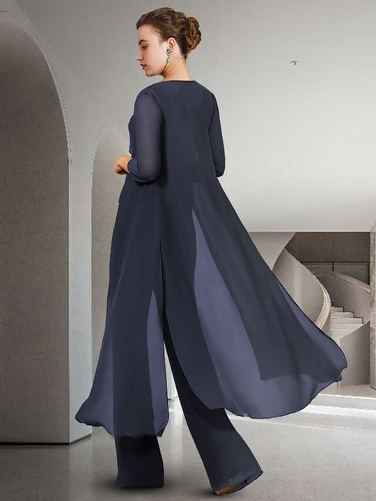 2 Pieces V-Neck 3/4 Sleeves Floor-Length Mother of the Bride Pantsuits with Ruffles & Jewel Appliques main image 1