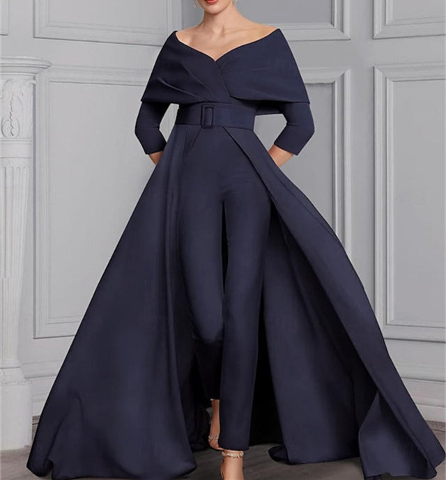 Chiffon Scoop Long Sleeves Mother of the Bride Pantsuits with Belt