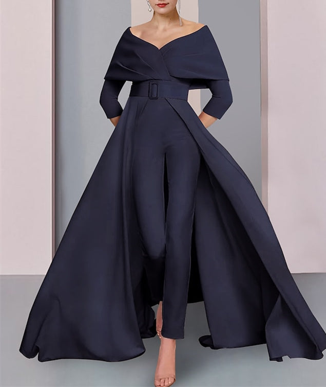 Chiffon Scoop Long Sleeves Mother of the Bride Pantsuits with Belt