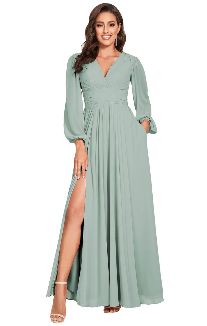 A-Line/Princess Plunging Neck Long Sleeves Bridesmaid Dresses