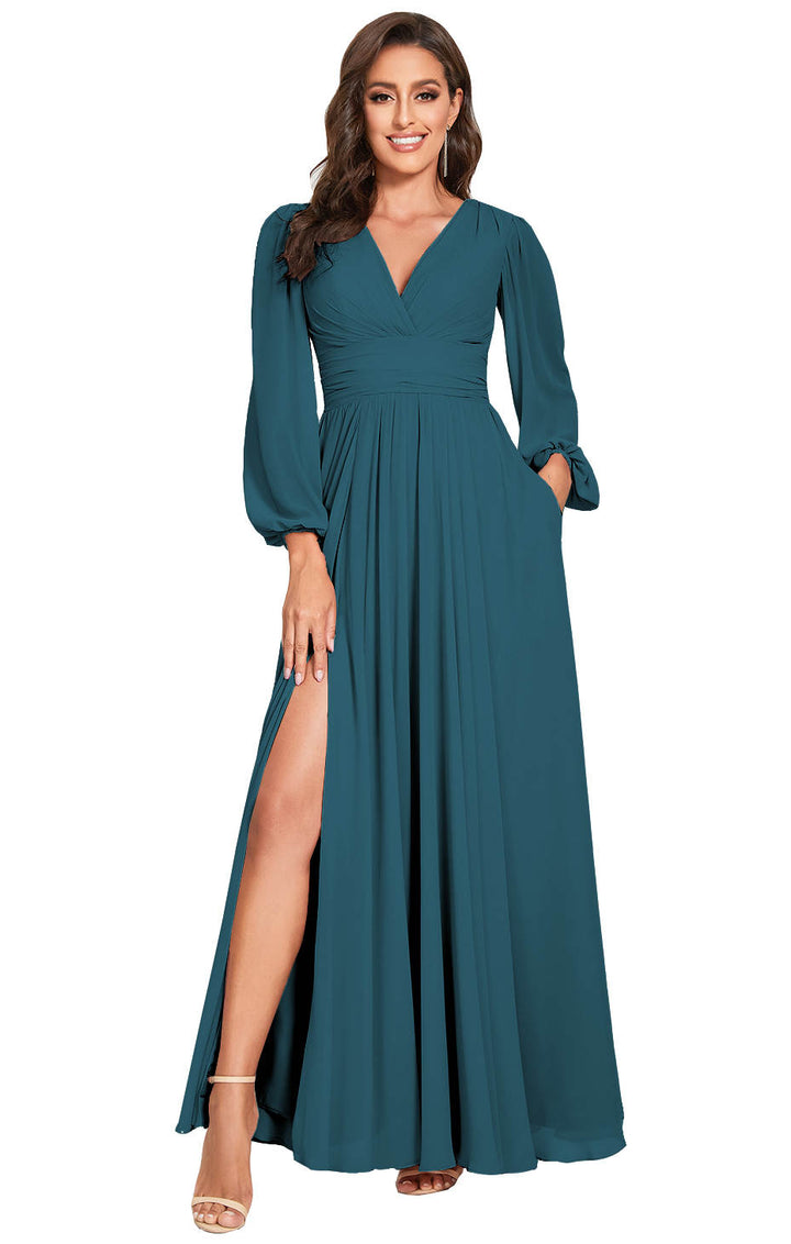 A-Line/Princess Plunging Neck Long Sleeves Bridesmaid Dresses