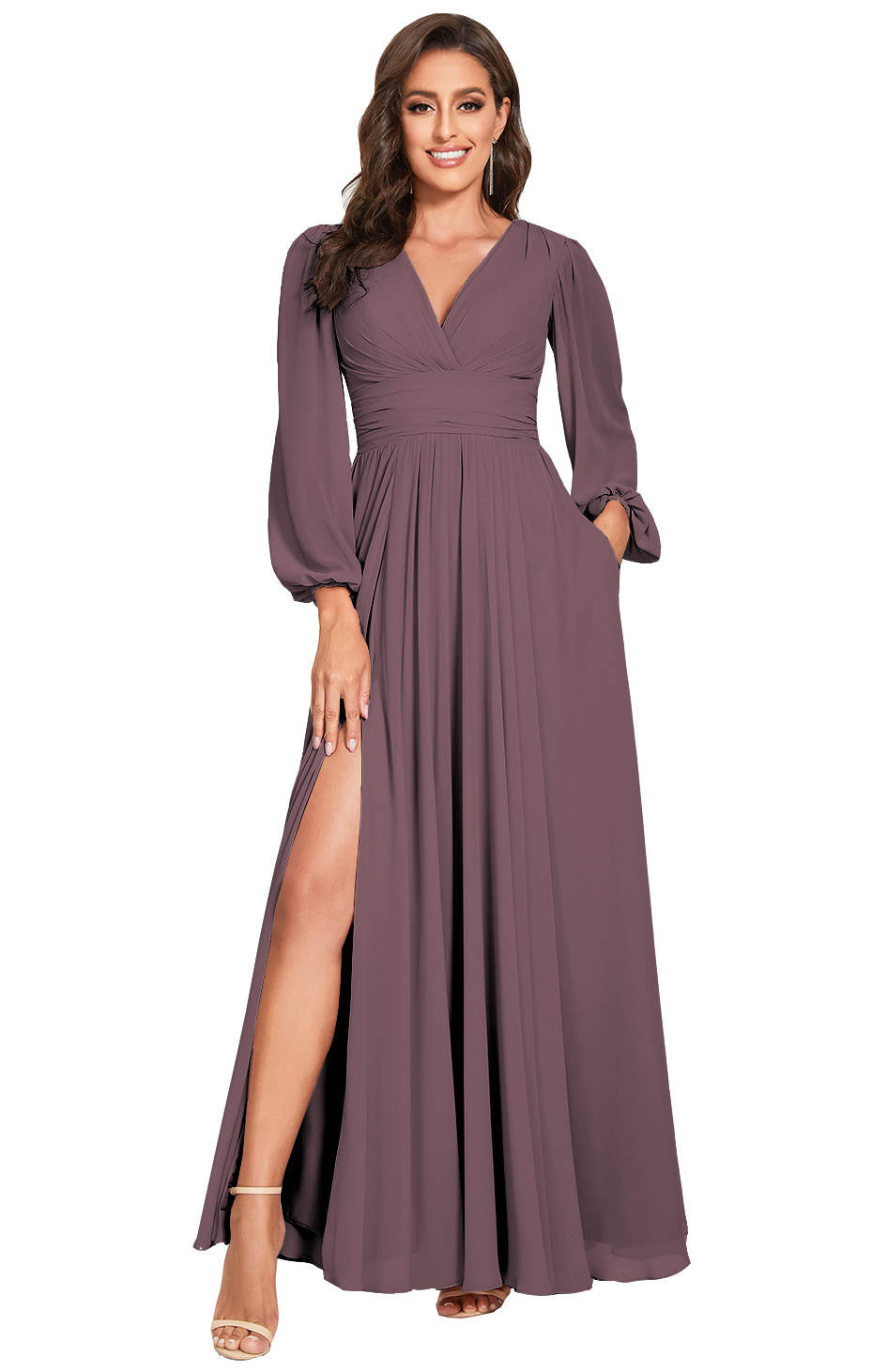 A-Line/Princess Plunging Neck Long Sleeves Bridesmaid Dresses