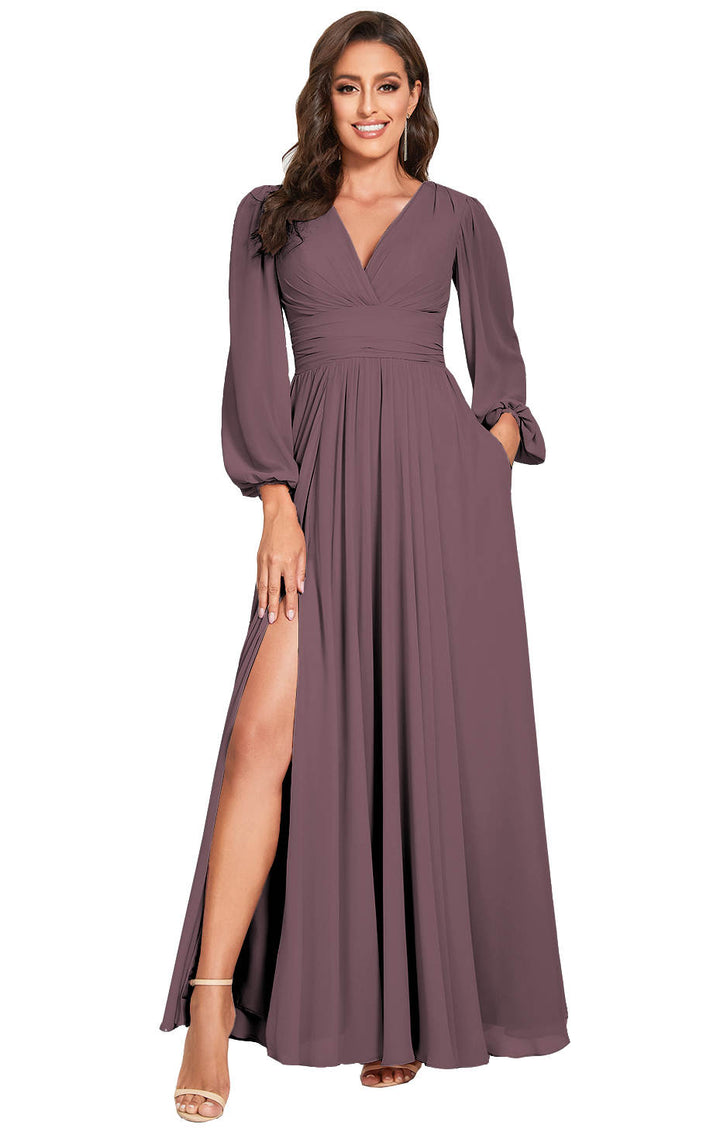 A-Line/Princess Plunging Neck Long Sleeves Bridesmaid Dresses