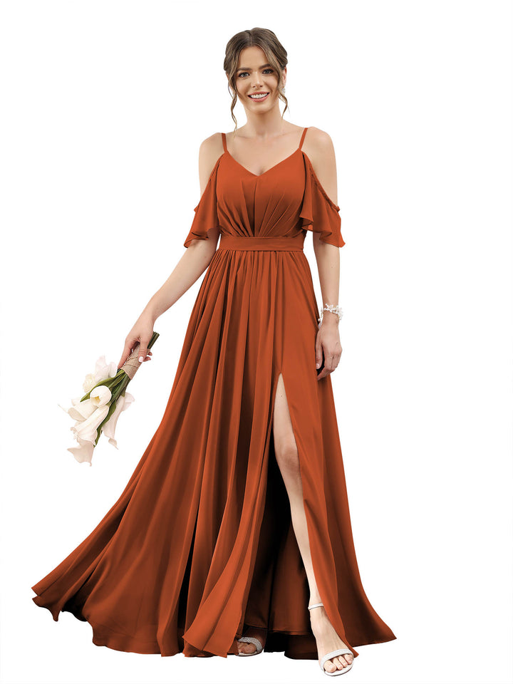 A-Line/Princess Off-The-Shoulder Long Bridesmaid Dresses With Split Side