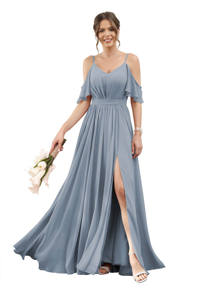 A-Line/Princess Off-The-Shoulder Long Bridesmaid Dresses With Split Side