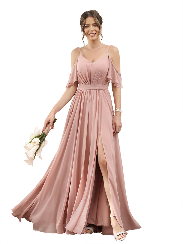 A-Line/Princess Off-The-Shoulder Long Bridesmaid Dresses With Split Side