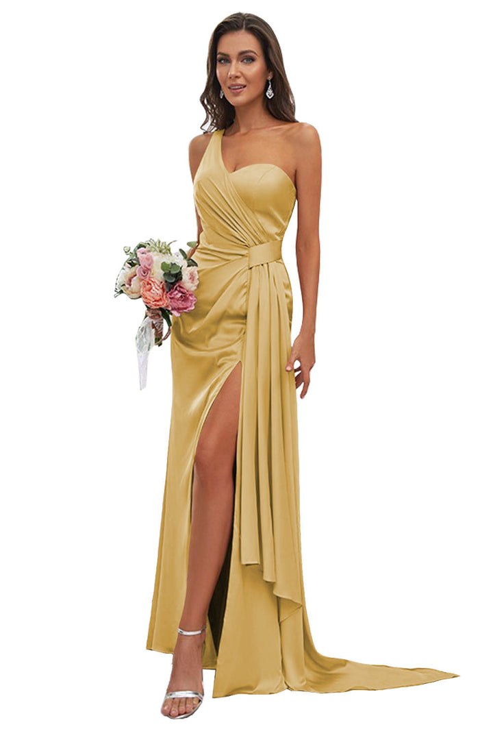 Sheath/Column One-Shoulder Floor-Length Bridesmaid Dresses With Split Side