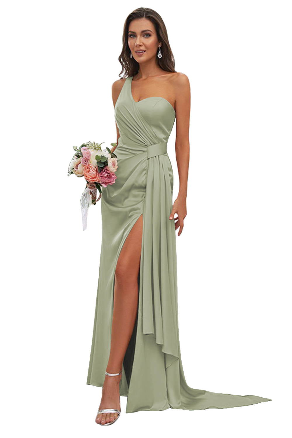 Sheath/Column One-Shoulder Floor-Length Bridesmaid Dresses With Split Side