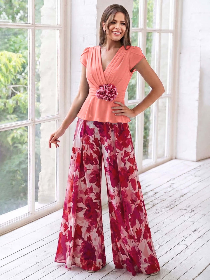 A-Line/Princess V-Neck Short Sleeves Floor-Length Mother of the Bride Floral Pants Suit