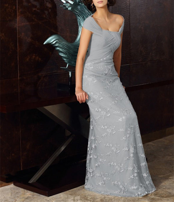 A-Line/Princess Off-The-Shoulder Short Sleeves Tea-Length Chiffon Mother Of The Bride Dresses with Appliques Lace