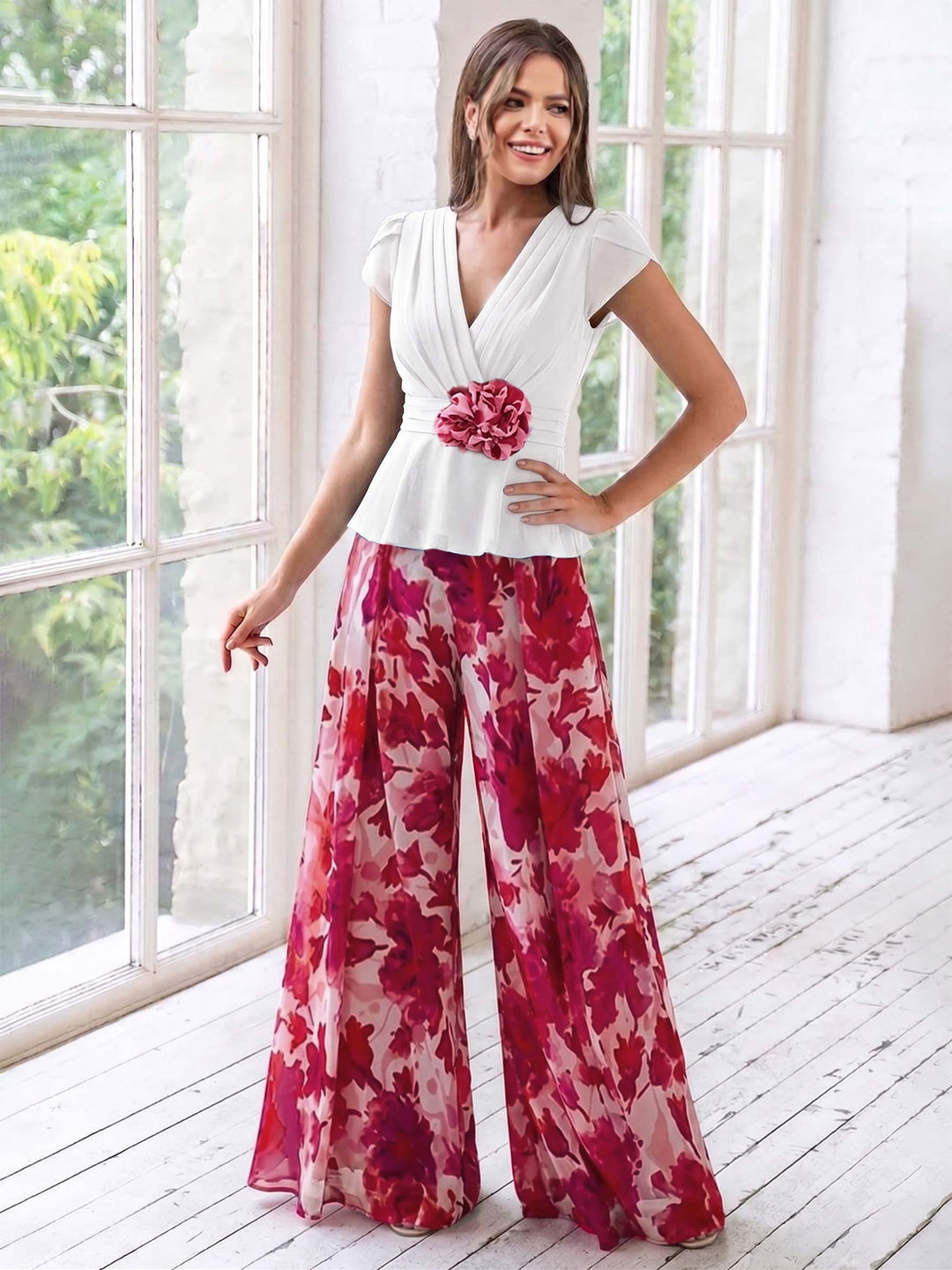 A-Line/Princess V-Neck Short Sleeves Floor-Length Mother of the Bride Floral Pants Suit