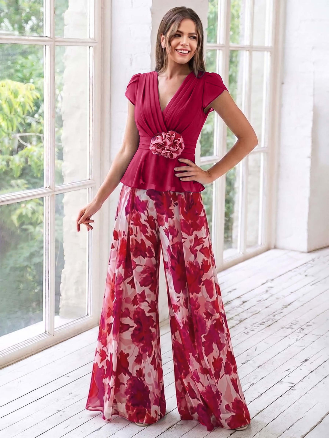 A-Line/Princess V-Neck Short Sleeves Floor-Length Mother of the Bride Floral Pants Suit