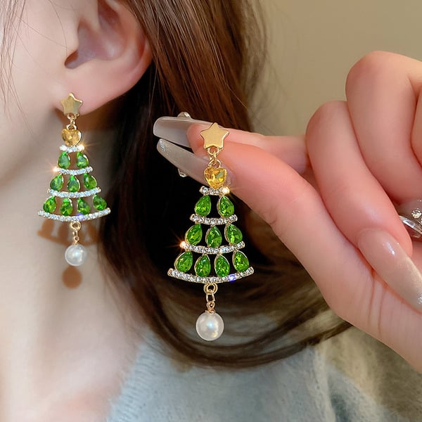 Christmas Tree Pearl/Rhinestone Drop Earrings