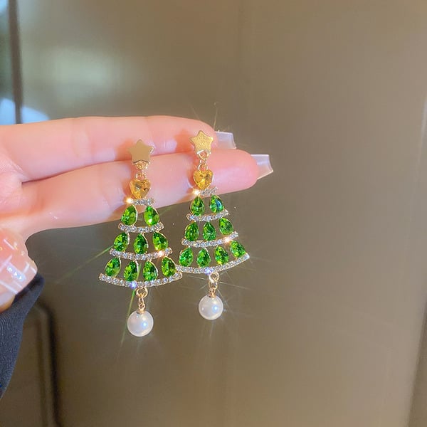 Christmas Tree Pearl/Rhinestone Drop Earrings