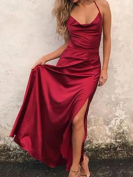 Women's Sheath/Column Silk like Satin Spaghetti Straps Floor-Length Long Prom Dresses