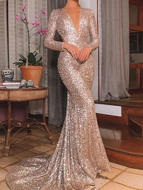 fitted lace wedding dress Sparkly Champagne Prom Dresses 2026 Women's Mermaid Glitter Sequin V-Neck Formal Evening Dress Ball Gowns Long Champagne with Sweep/Brush Train,