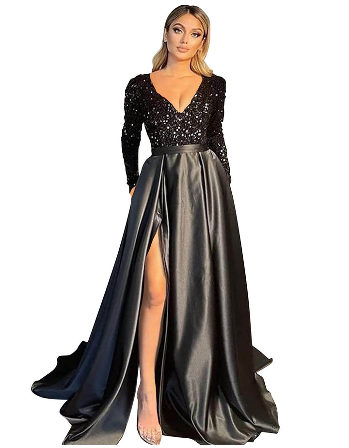 A-Line/Princess V-Neck Long Sleeves Prom Dresses