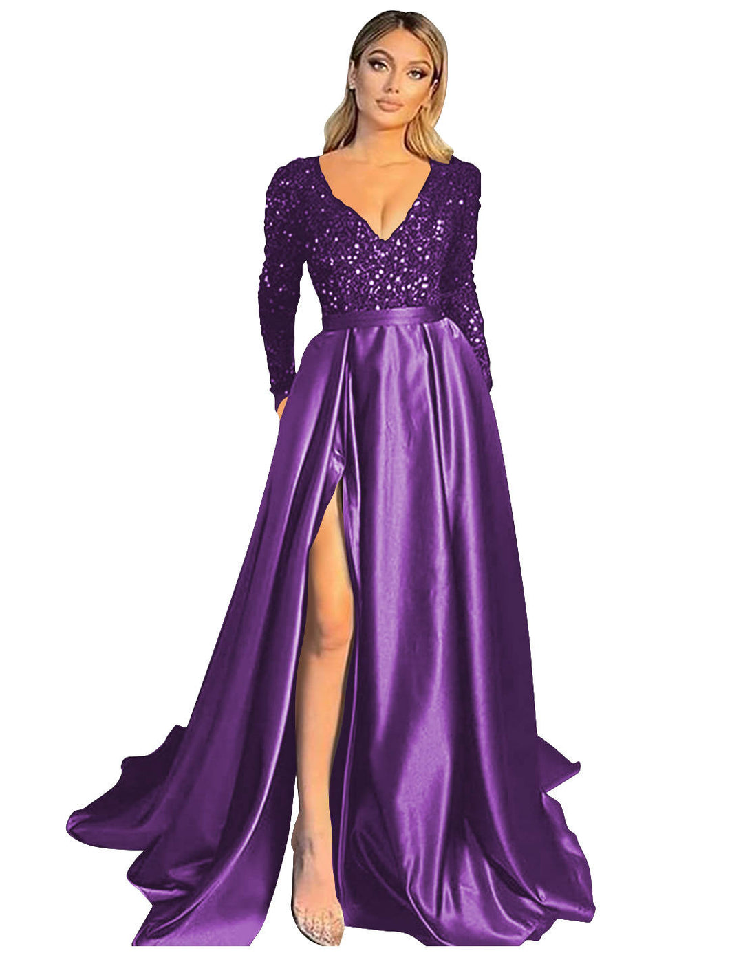 A-Line/Princess V-Neck Long Sleeves Prom Dresses