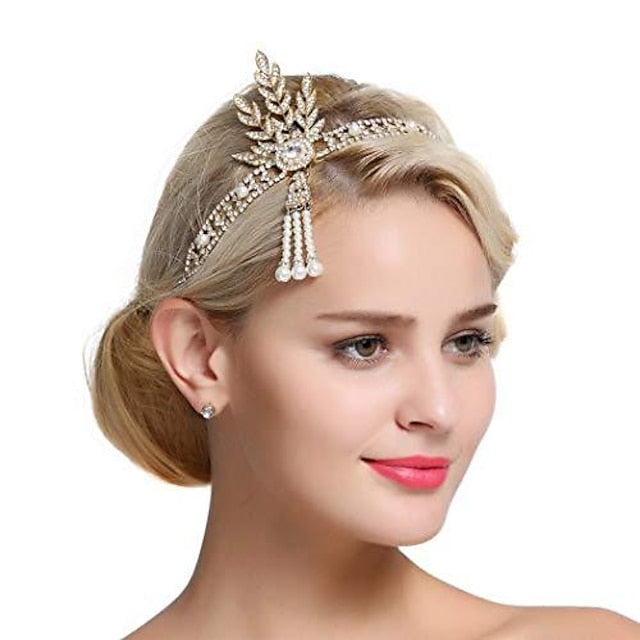 Leaf Bridal Tiara Pearl Headpiece Headband Gold