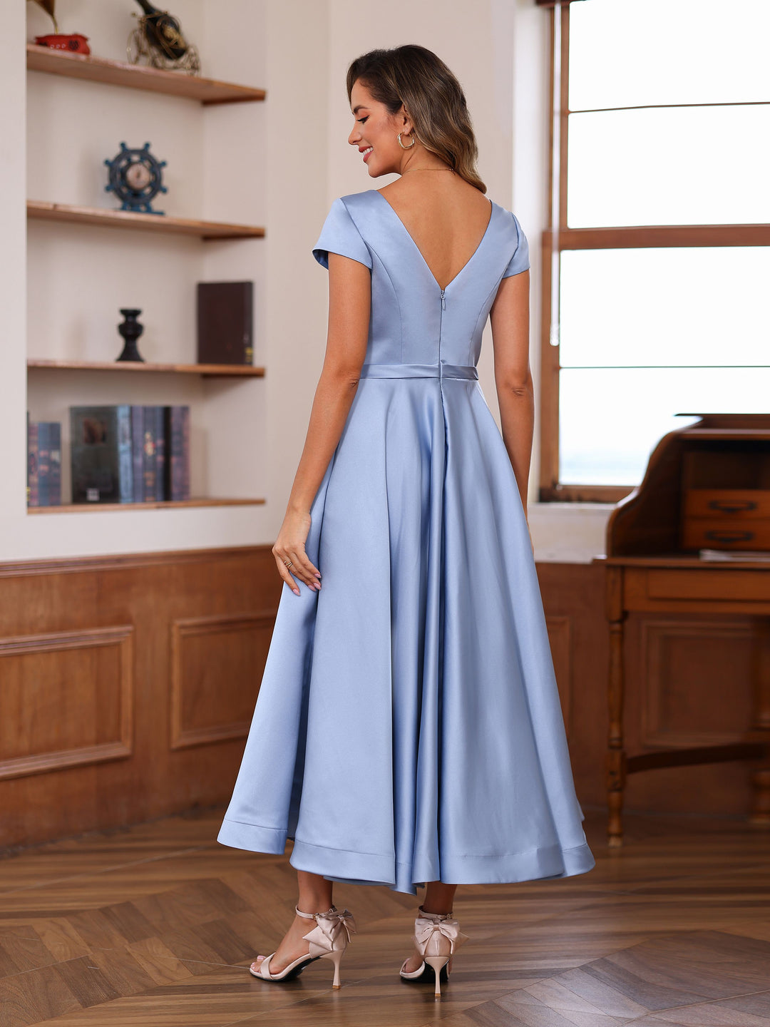 Satin Mother of the Bride Dresses 2026 Women's A-Line V-Neck Short Sleeves Ankle-Length Wedding Guest Party Formal Evening Gowns With Bow Knot, Dusty Satin Mother of the Bride Dresses 2026 Women's A-Line V-Neck Short Sleeves Ankle-Length Wedding Guest Party Formal Evening Gowns With Bow Knot, Dusty