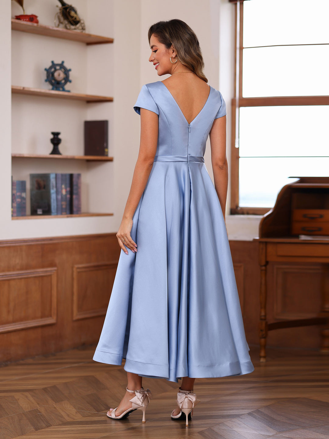 A-Line/Princess V-Neck Short Sleeves Ankle-Length Mother of the Bride Dresses With Pockets & Ruffles