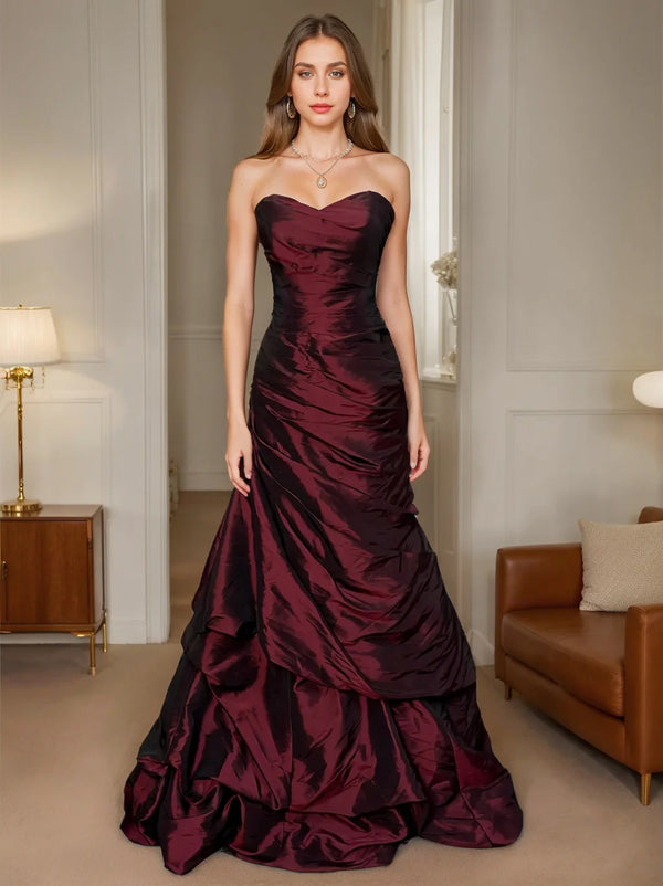 Trumpet/Mermaid Strapless Sleeveless Floor-Length Taffeta Prom Dresses with Sequins & Ruffles