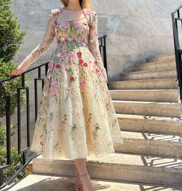 chinese dress ladies Embroidery Flower Prom Dresses 2026 Champagne A-Line/Princess Scoop Long Sleeves Floor-Length Long Formal Evening Ball Gowns Champagne, Champagne