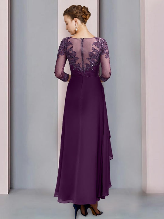 A-Line/Princess V-Neck Long Sleeves Tea-Length Mother of the Bride & Groom Dresses with Belt