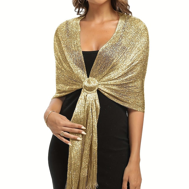 Glamorous Metallic Shawls with Tassel Wedding Guest Wraps, Gold Glamorous Metallic Shawls with Tassel Wedding Guest Wraps, Gold