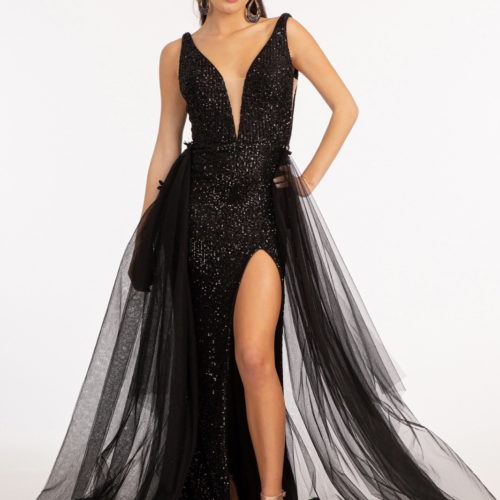 Sheath/Column V-Neck Sleeveless Floor-Length Long Prom Dresses with Split Side Sequins