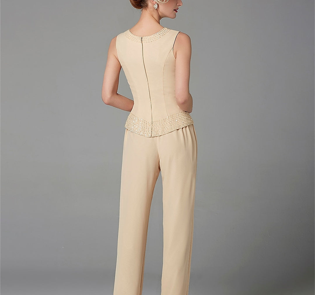 Chiffon Long Sleeves Mother of the Bride Pantsuits with Jacket & Sequins