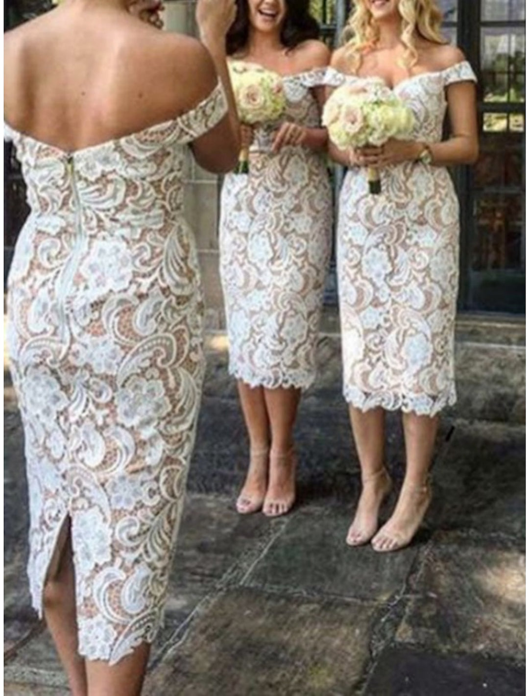 Off-the-Shoulder Bridesmaid Dresses Sheath/Column Off-the-Shoulder Tea-length Long Formal Wedding Guest Evening Gowns, Ivory