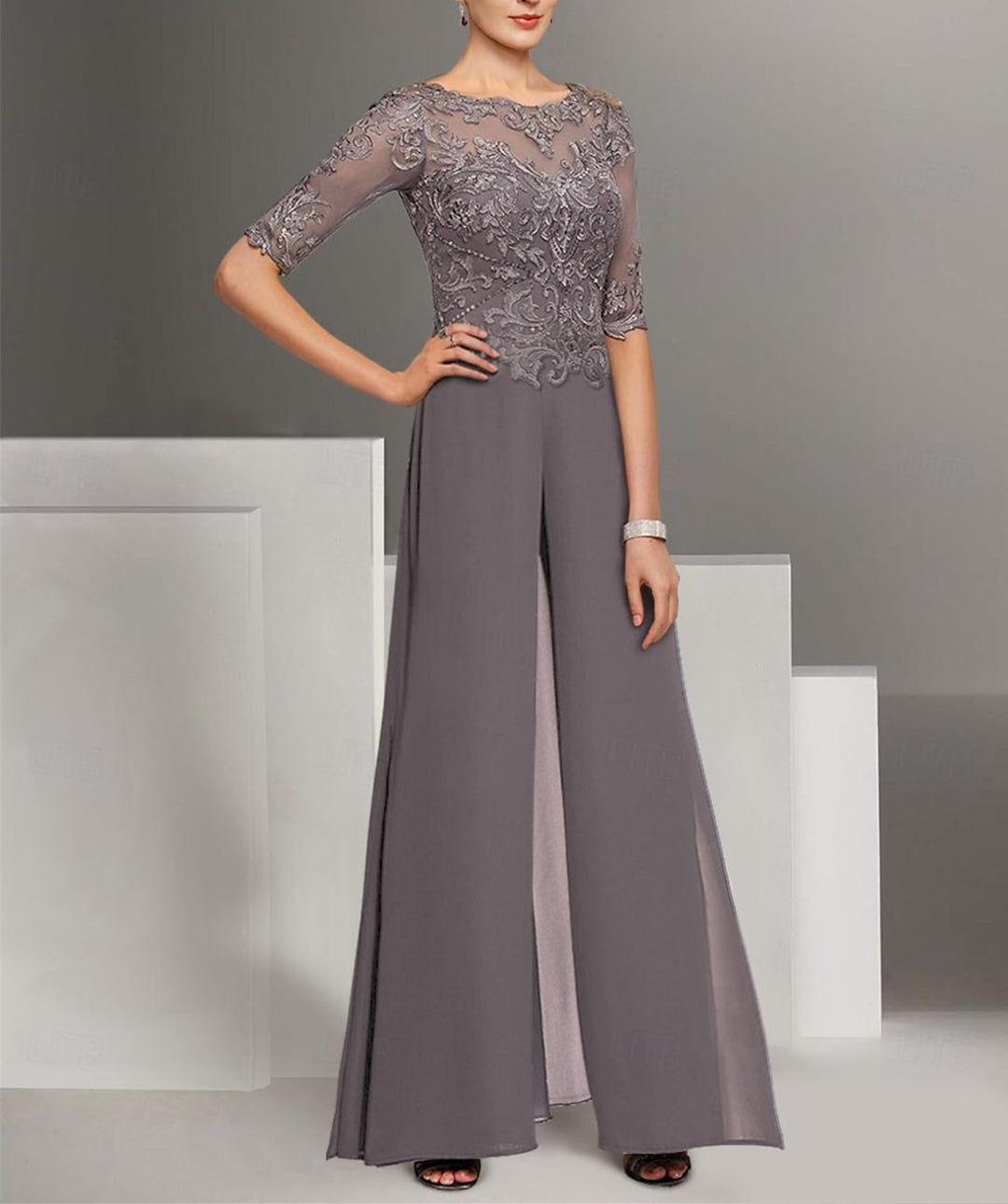 Chiffon half Sleeves Mother of the Bride Pantsuits with Lace