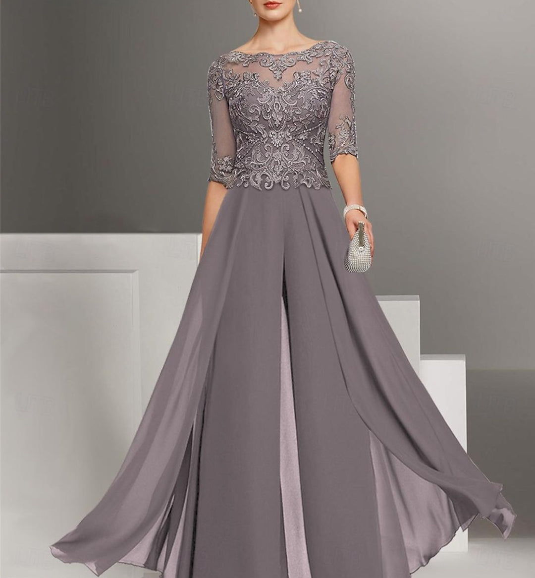Chiffon half Sleeves Mother of the Bride Pantsuits with Lace