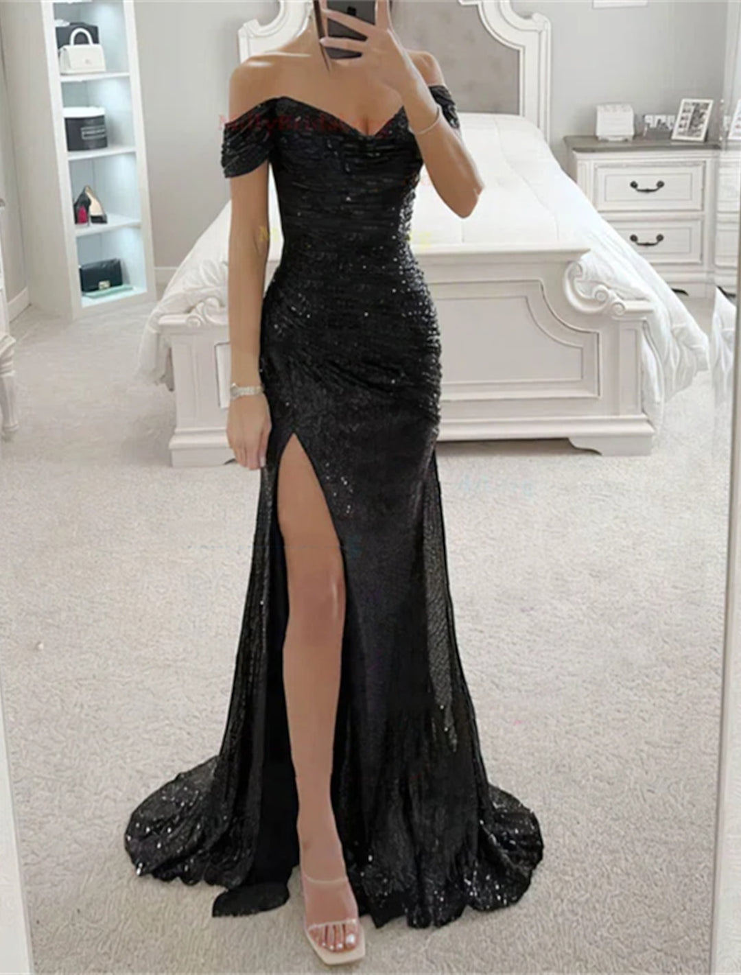 Sheath/Column Off-the-Shoulder Floor-length Long Prom Dresses With Split Side