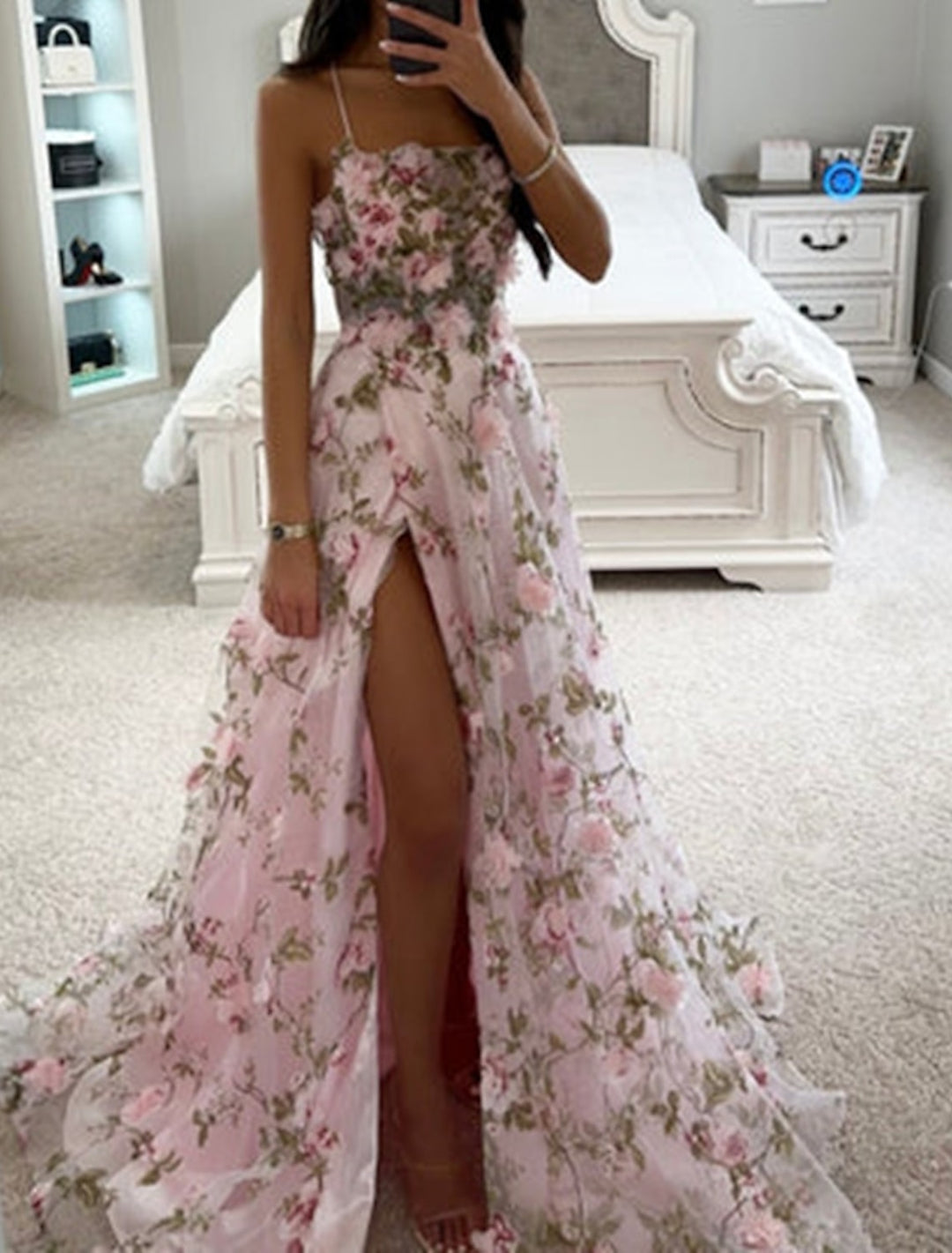 A-Line/Princess Spaghetti Straps sleeveless Long Prom Dresses With Flowers