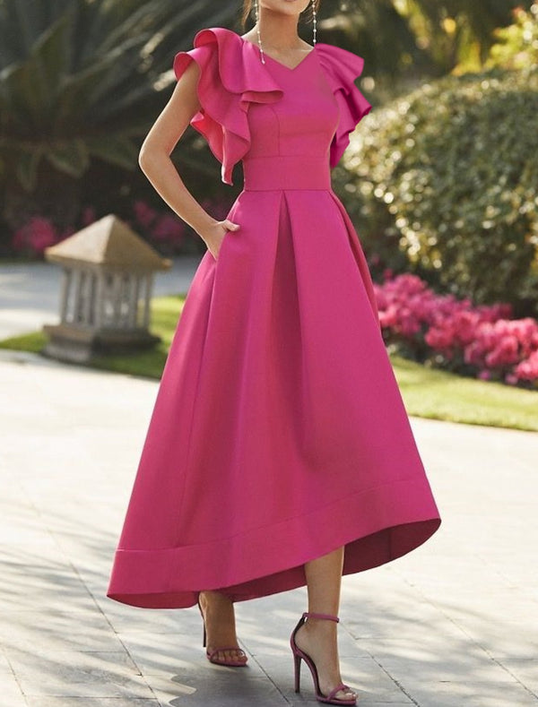 A-Line Cocktail Dresses V-Neck Formal Party Dress Sleeveless Satin Asymmetrical With Pleated