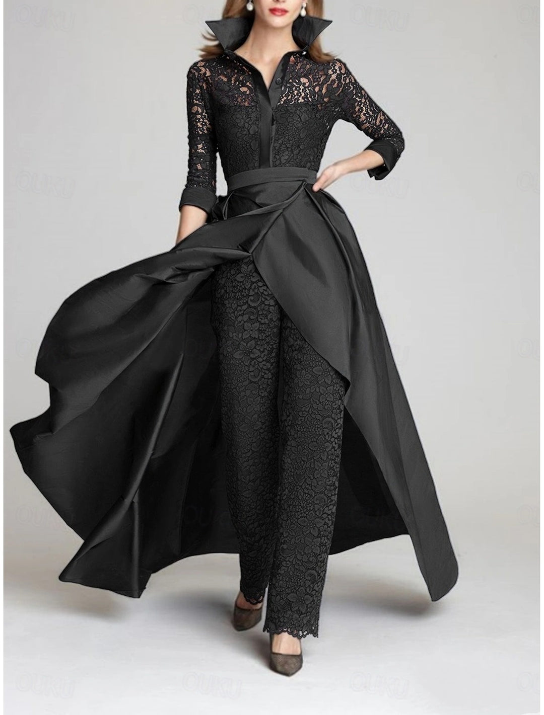 3/4 Sleeves 2 Pieces Mother of the Bride Pantsuits Lace Shirt Collar Jumpsuit Ruched Detachable