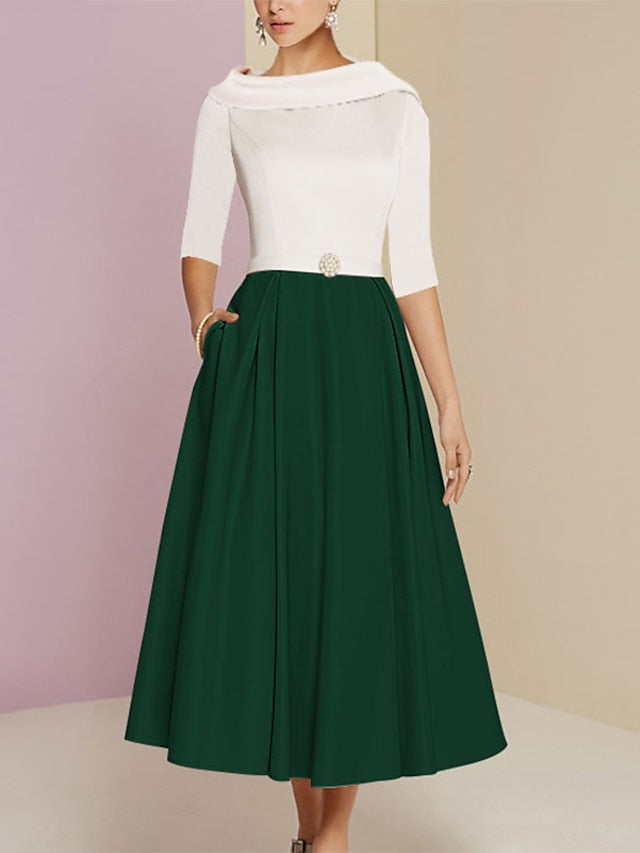 A-Line/Princess Jewel Neck Half Sleeve Tea Length Mother of the Bride Dresses with Pockets Pleats